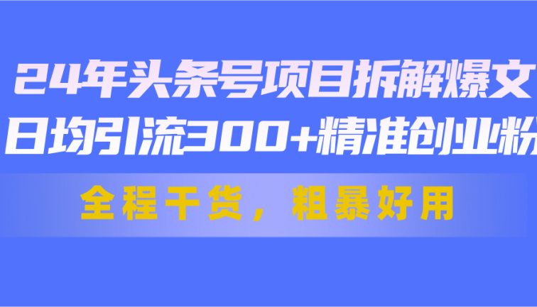 24年头条号项目拆解爆文，日均引流300+精准创业粉，全程干货，粗暴好用