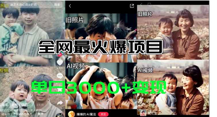 全网爆火的AI让老照片动起来教程，蹭热点日赚3000+，内含免费工具一键…