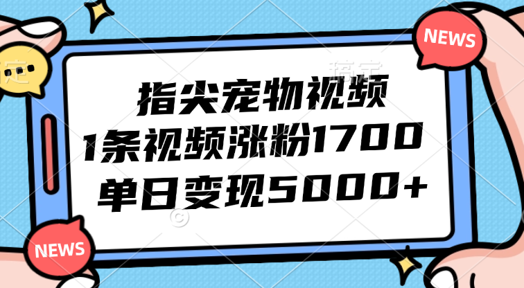 指尖宠物视频，1条视频涨粉1700，单日变现5000+