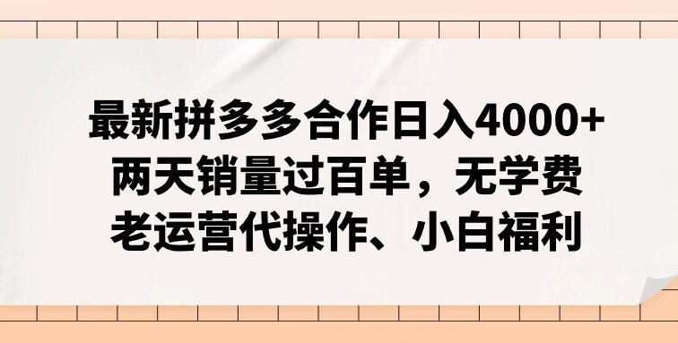 拼多多最新合作日入4000+两天销量过百单，无学费、老运营代操作、小白福利