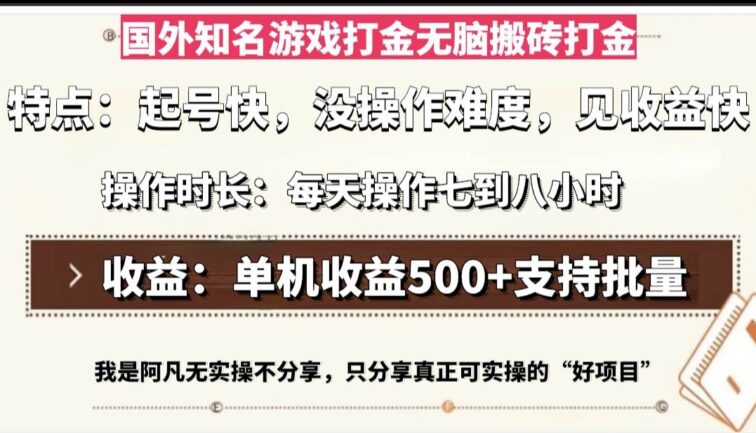 国外知名游戏打金无脑搬砖单机收益500，每天操作七到八个小时