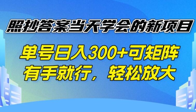 照抄答案当天学会的新项目，单号日入300 +可矩阵，有手就行，轻松放大