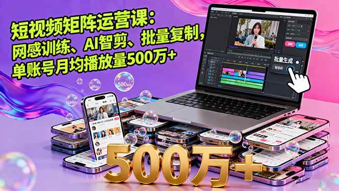 短视频矩阵运营课：网感训练、AI智剪、批量复制，单账号月均播放量500万+