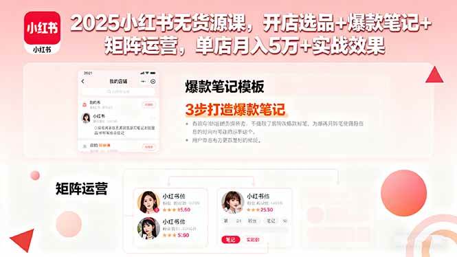 2025小红书无货源课，开店选品+爆款笔记+矩阵运营，单店月入5万+实战效果