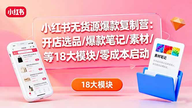 小红书无货源爆款复制营：开店选品/爆款笔记/素材/等18大模块/零成本启动