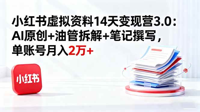 小红书虚拟资料14天变现营3.0：AI原创+油管拆解+笔记撰写，单账号月入2万+